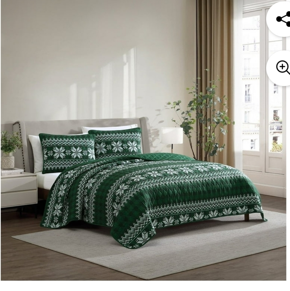 (5)Lenox Holiday SnowFlake Check Green Quilt Set